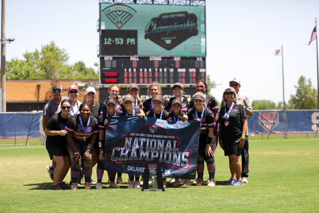 Girls Softball team posing with Trophy