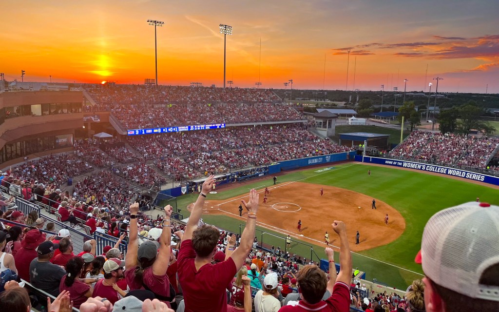 view of baseball stadium from seats at the very top